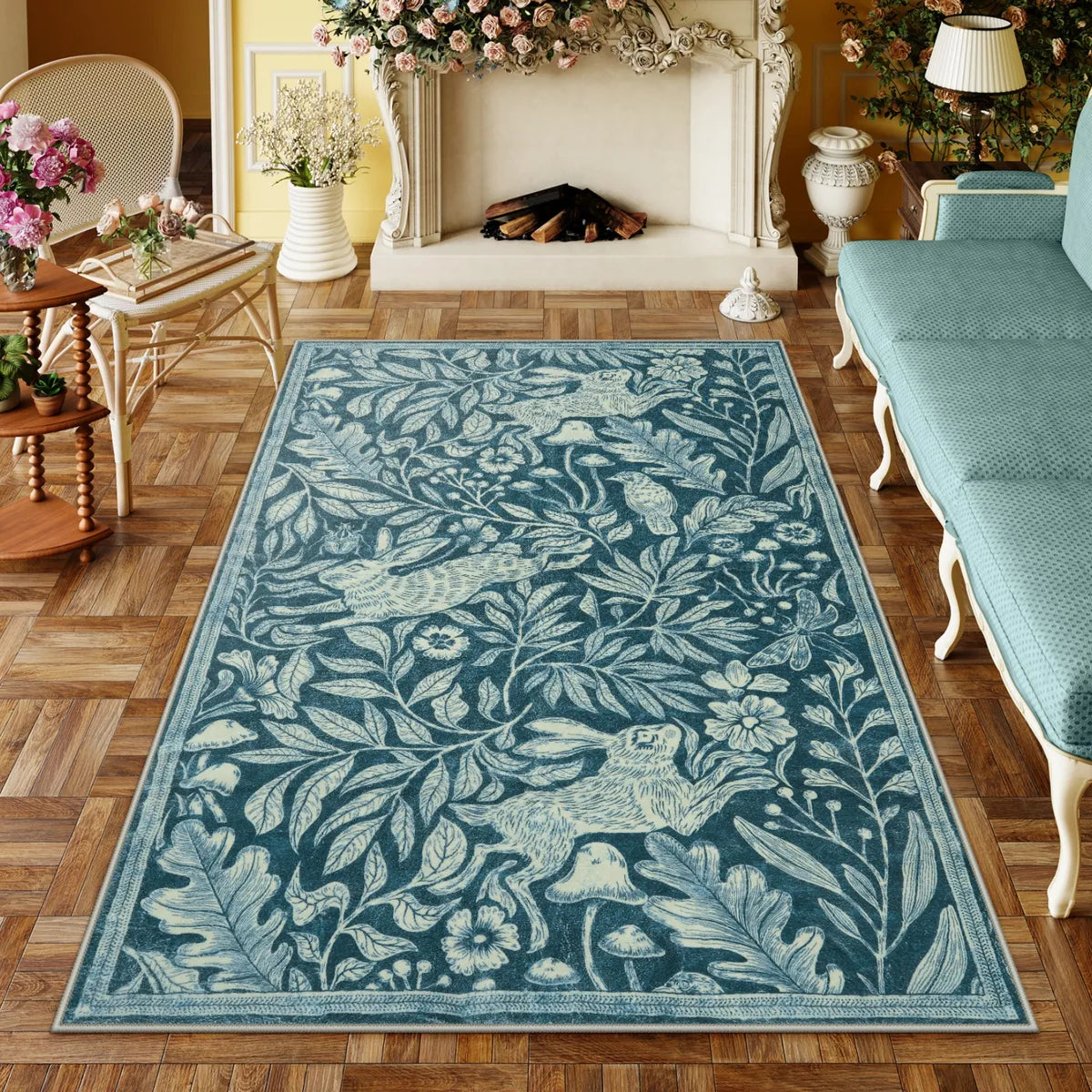 Nadine Washable Vintage Woodcut Forest and Rabbit Blue Rug Area Rugs Lahome 5' x 7'