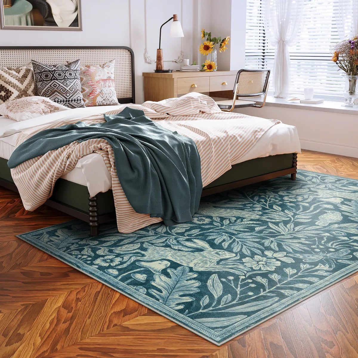 Nadine Washable Vintage Woodcut Forest and Rabbit Blue Rug Area Rugs Lahome