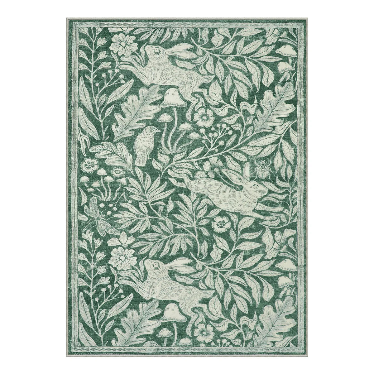 Nadine Washable Vintage Woodcut Forest and Rabbit Green Rug Area Rugs Lahome