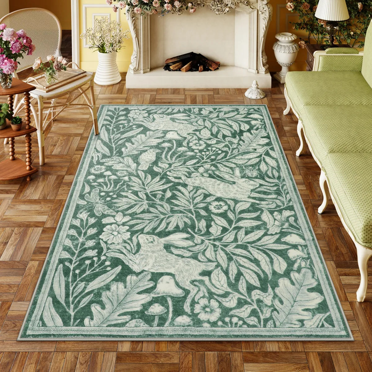 Nadine Washable Vintage Woodcut Forest and Rabbit Green Rug Area Rugs Lahome 5' x 7'
