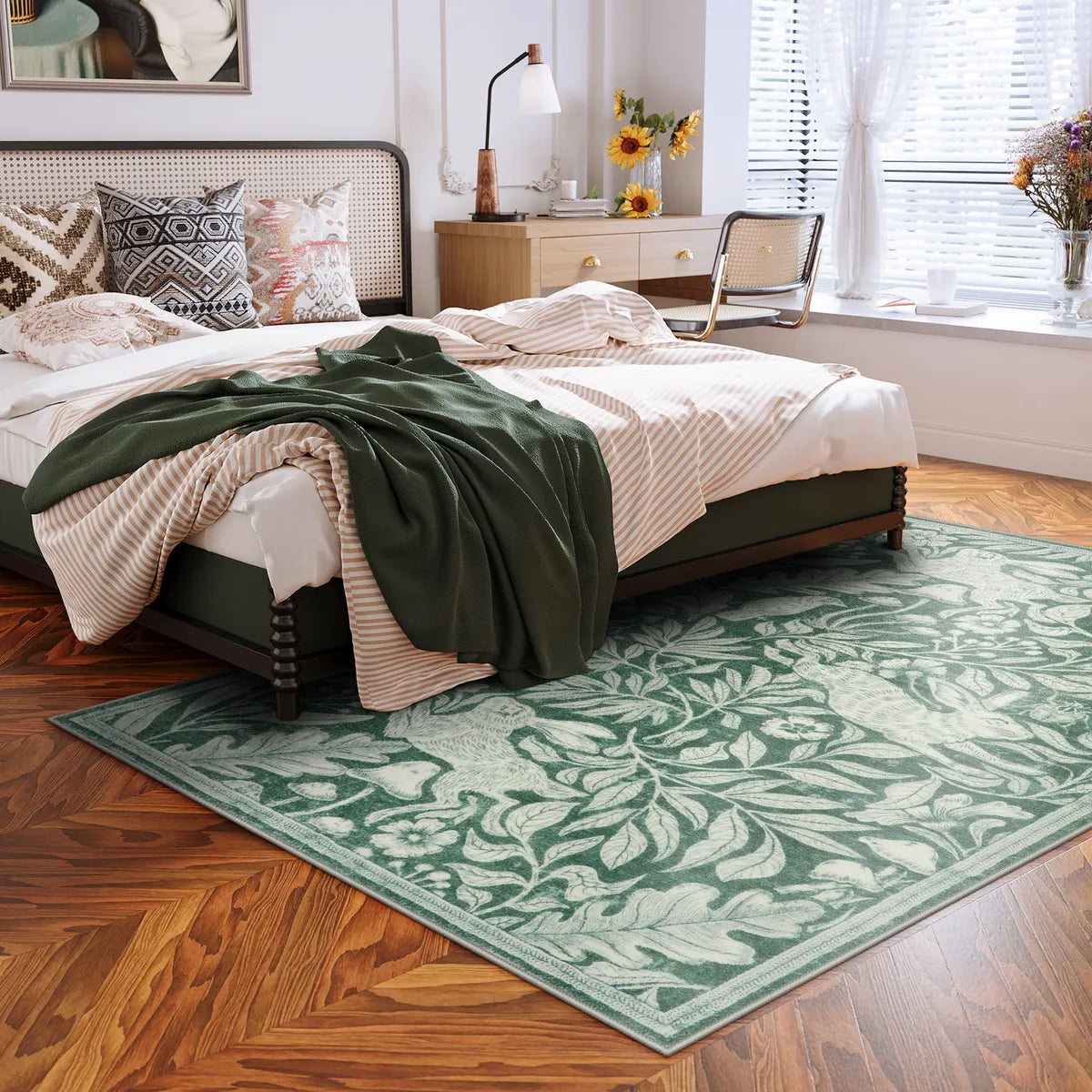 Nadine Washable Vintage Woodcut Forest and Rabbit Green Rug Area Rugs Lahome