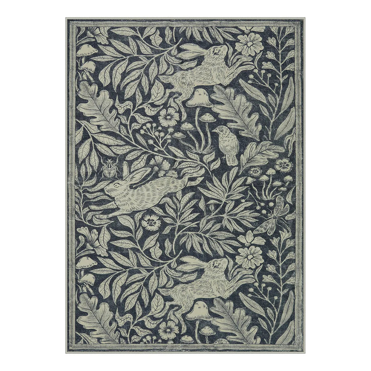 Nadine Washable Vintage Woodcut Forest and Rabbit Grey Rug Area Rugs Lahome