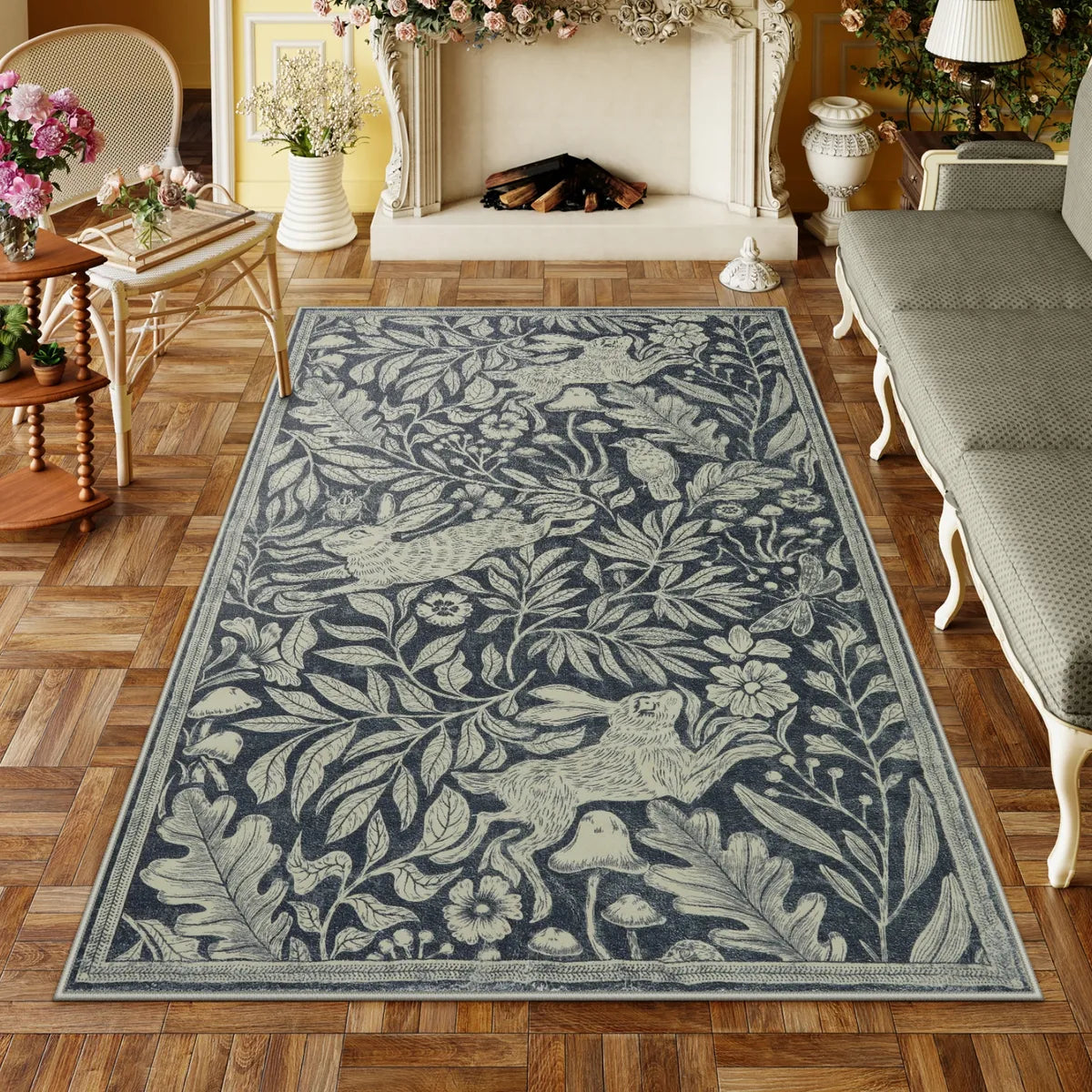 Nadine Washable Vintage Woodcut Forest and Rabbit Grey Rug Area Rugs Lahome 5' x 7'