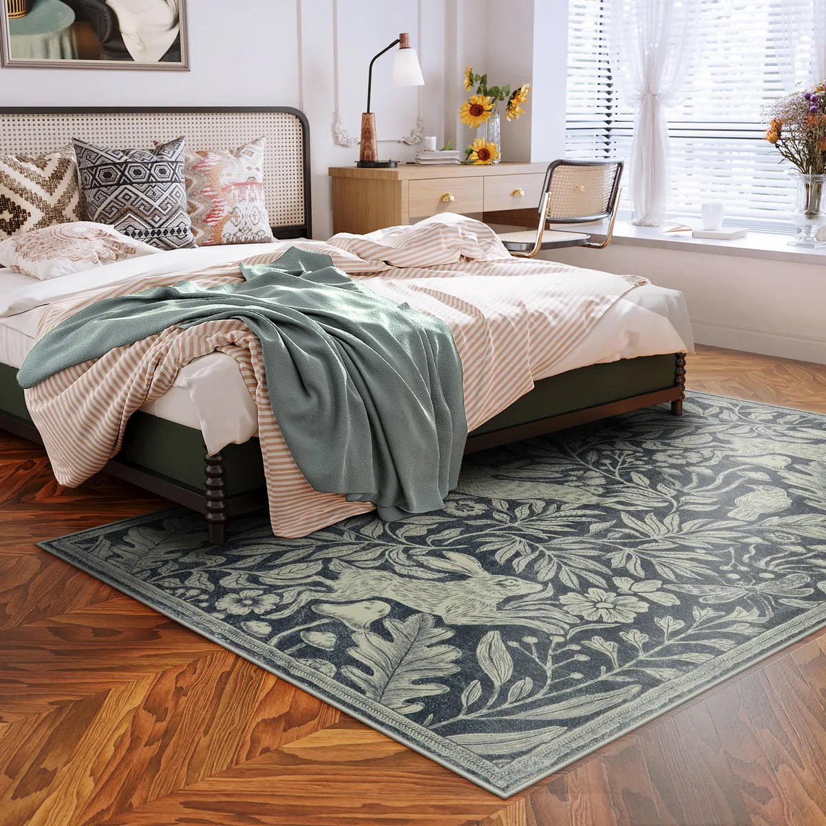 Nadine Washable Vintage Woodcut Forest and Rabbit Grey Rug Area Rugs Lahome