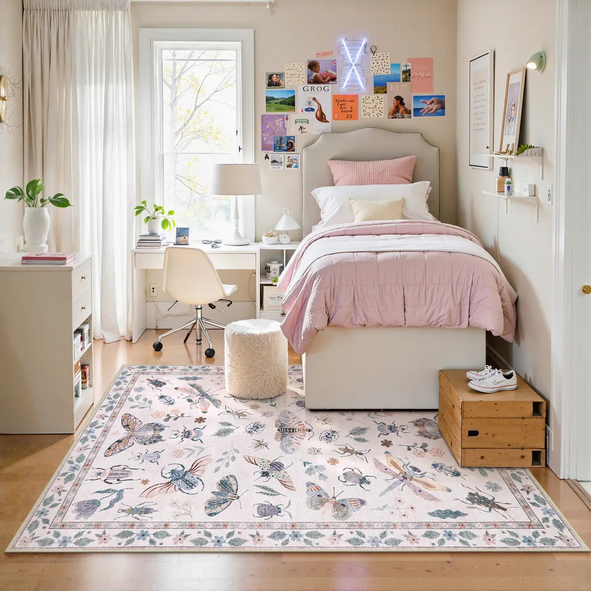 Vionnet Washable Modern Parisian Insect Light Pink Rug Area Rugs Lahome