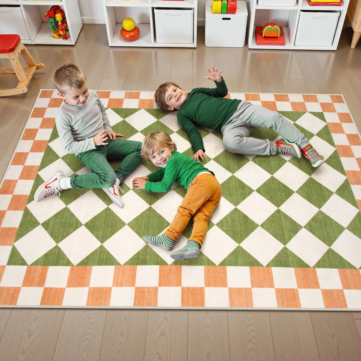 Virginie Washable Modern Checkerboard Green/Orange Rug Rugs Lahome