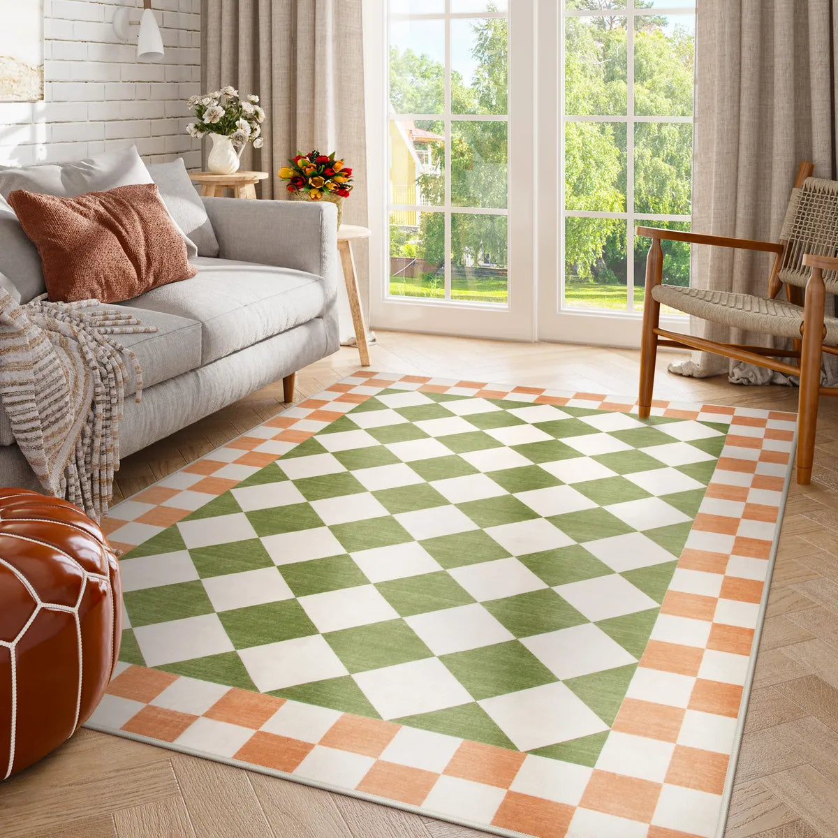 Virginie Washable Modern Checkerboard Green/Orange Rug Rugs Lahome 5' x 7'