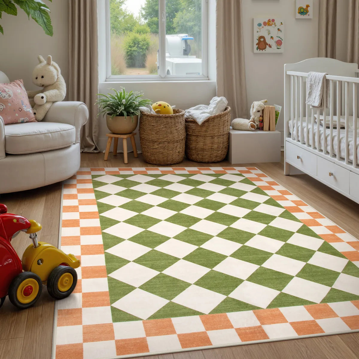 Virginie Washable Modern Checkerboard Green/Orange Rug Rugs Lahome