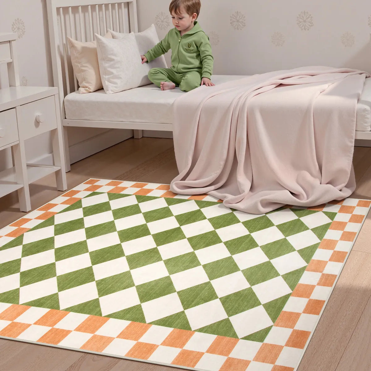 Virginie Washable Modern Checkerboard Green/Orange Rug Rugs Lahome
