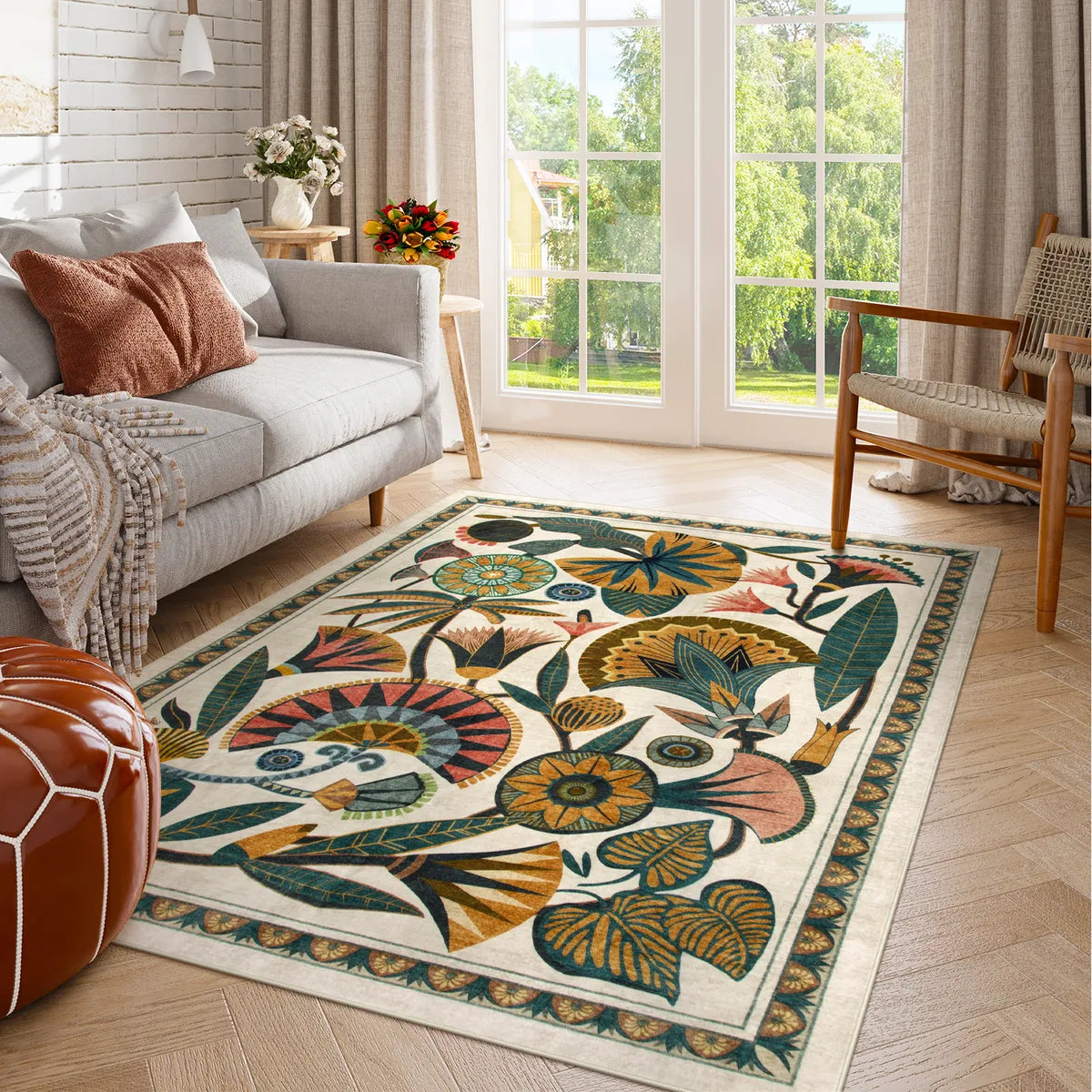 Zaya Washable Egyptian-Inspired Botanical Cream Rug Rugs Lahome 5' x 7'