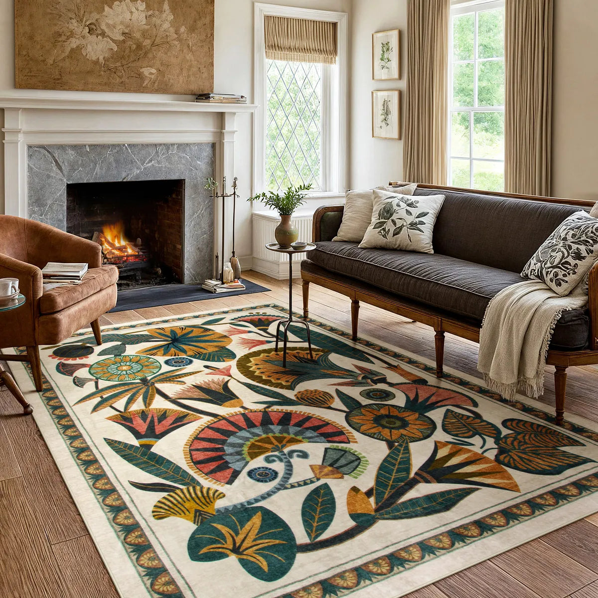 Zaya Washable Egyptian-Inspired Botanical Cream Rug Rugs Lahome