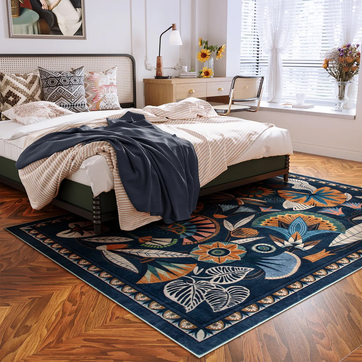Zaya Washable Egyptian-Inspired Botanical Navy Blue Rug Rugs Lahome