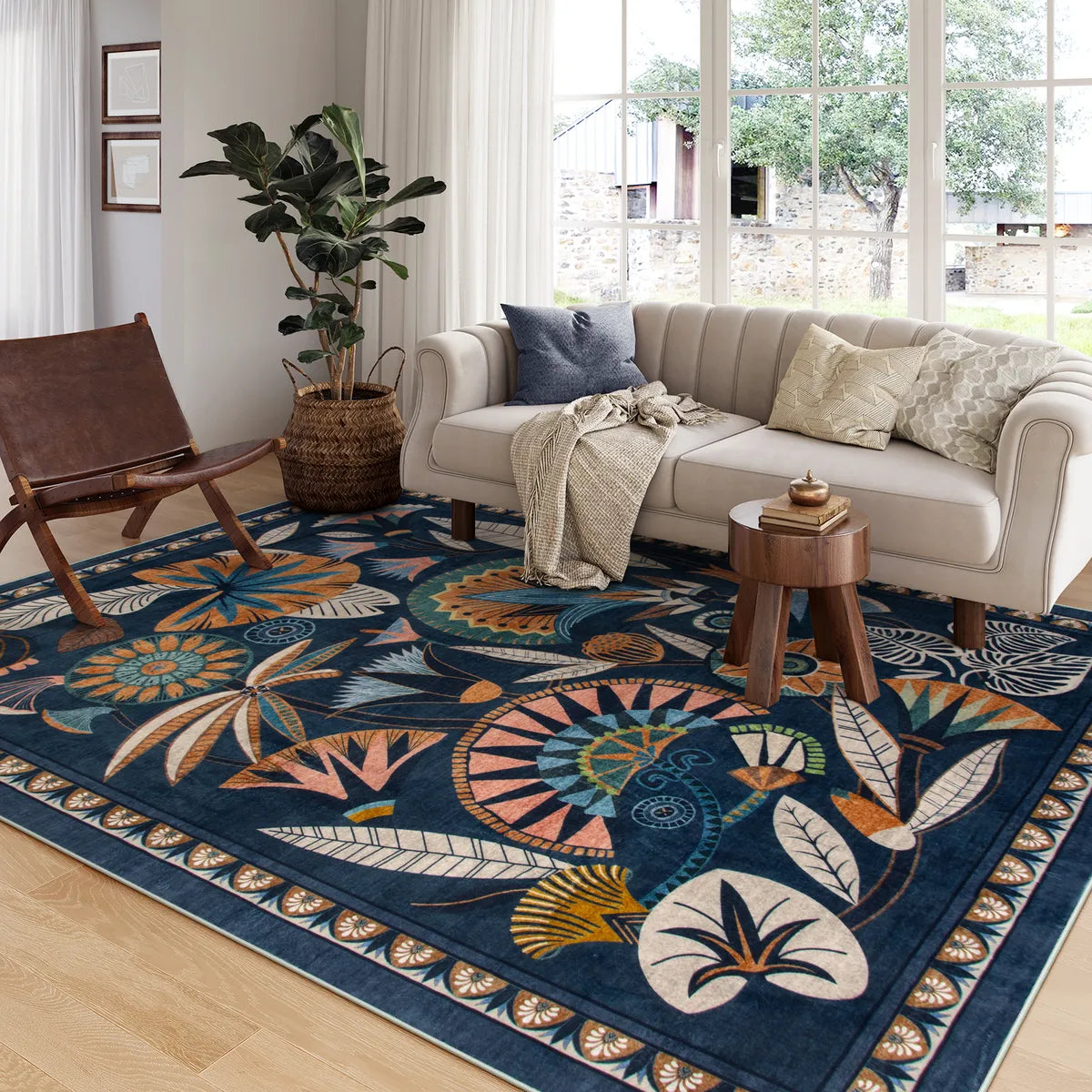 Zaya Washable Egyptian-Inspired Botanical Navy Blue Rug Rugs Lahome 5' x 7'