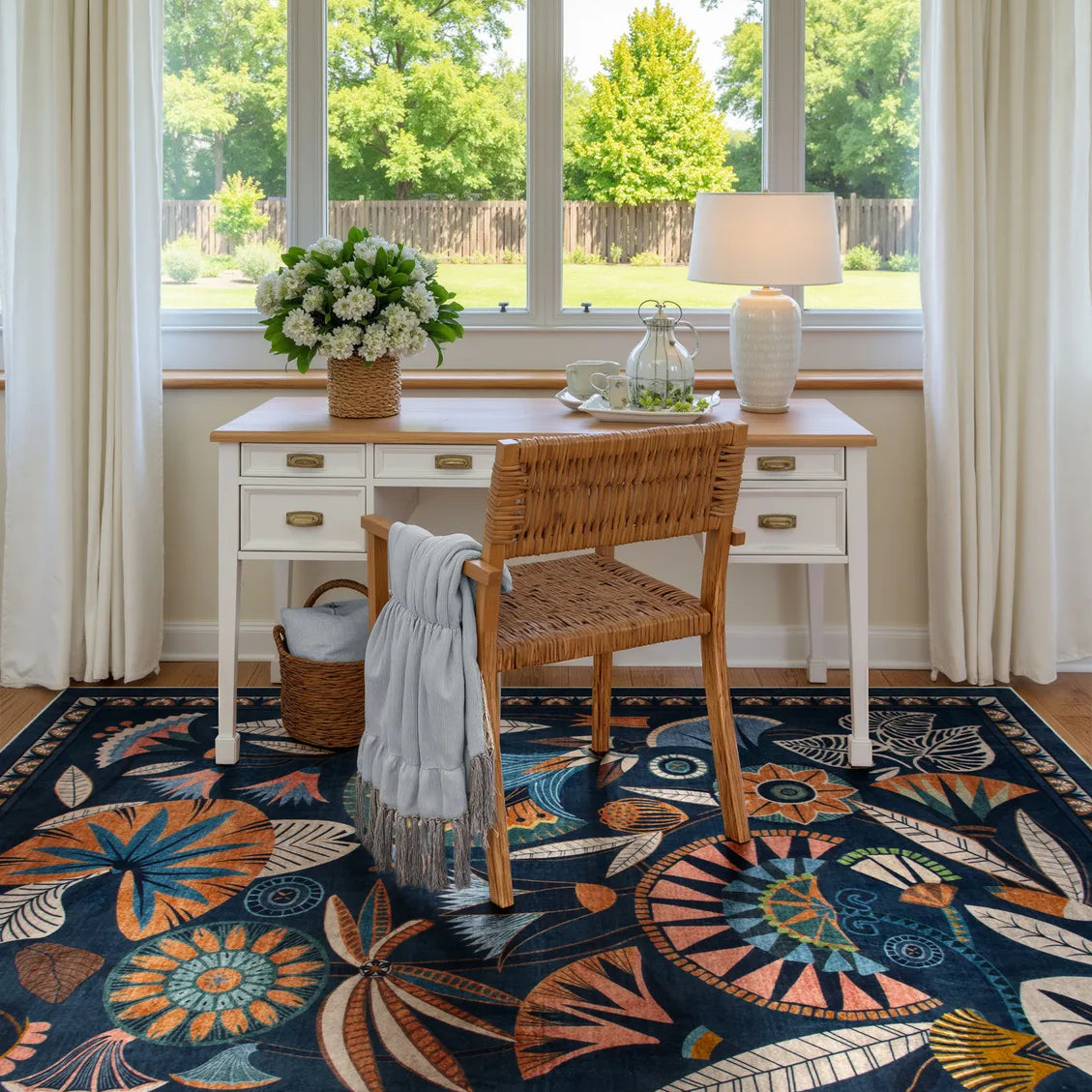 Zaya Washable Egyptian-Inspired Botanical Navy Blue Rug Rugs Lahome