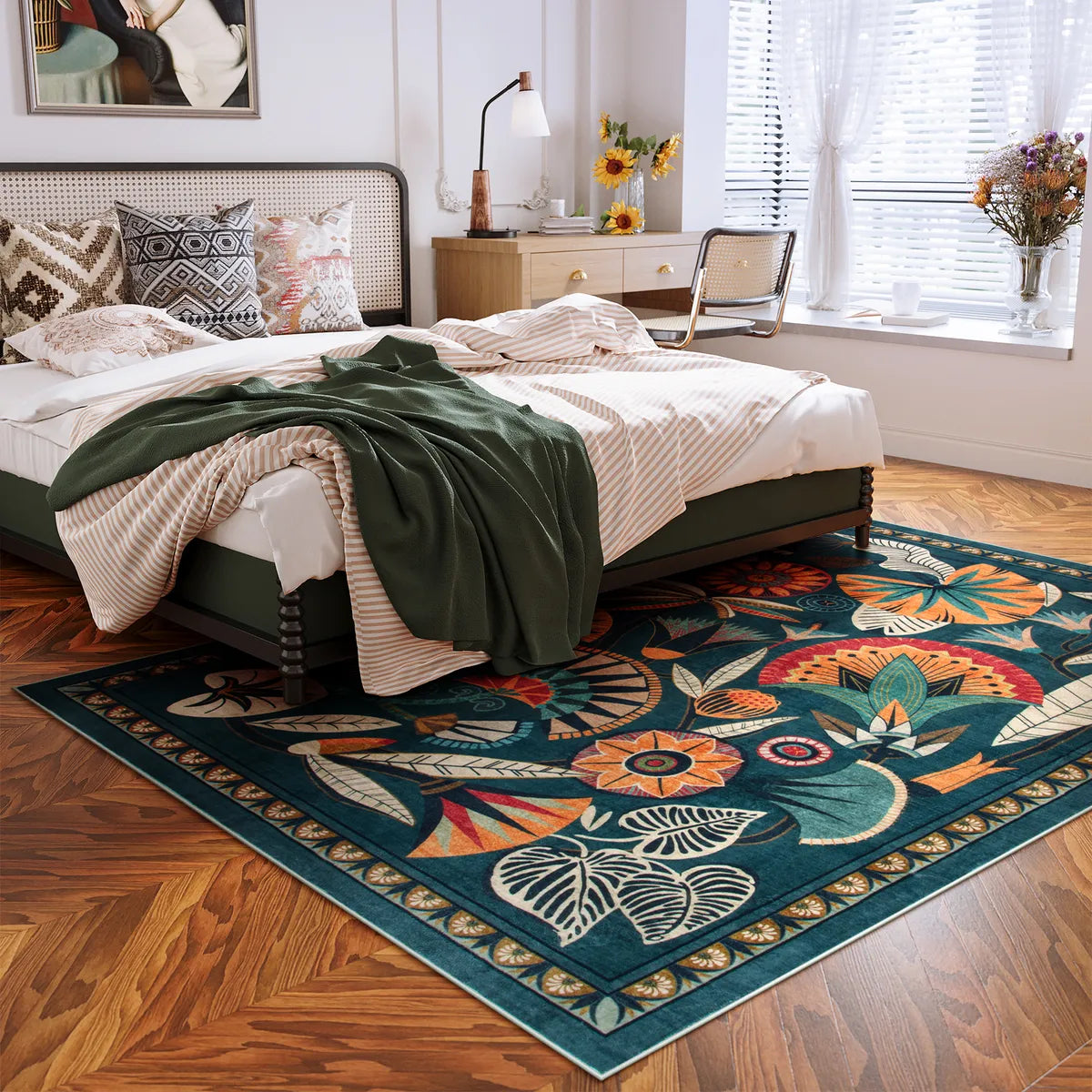 Zaya Washable Egyptian-Inspired Botanical Teal Blue Rug Rugs Lahome