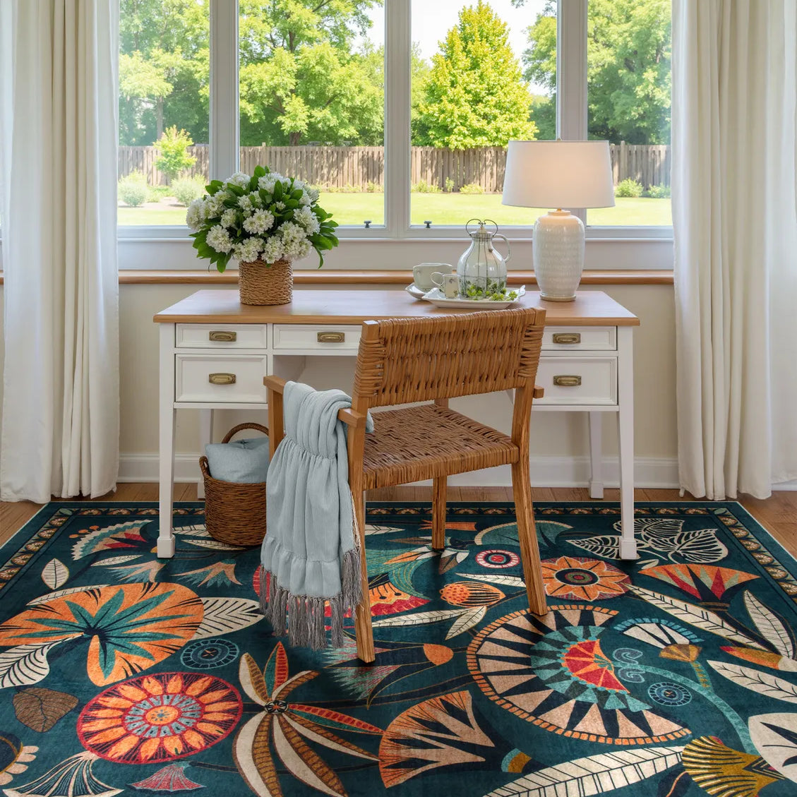 Zaya Washable Egyptian-Inspired Botanical Teal Blue Rug Rugs Lahome