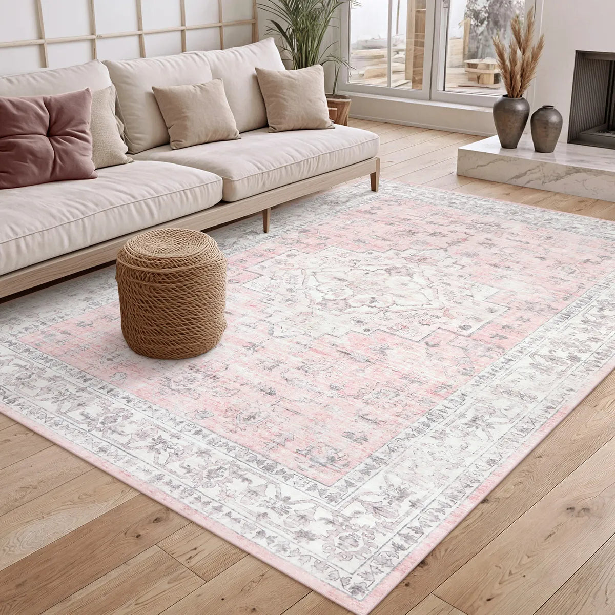 Alene Washable Vintage Medallion Floral Pink Rug Area Rugs Lahome 5' x 7'