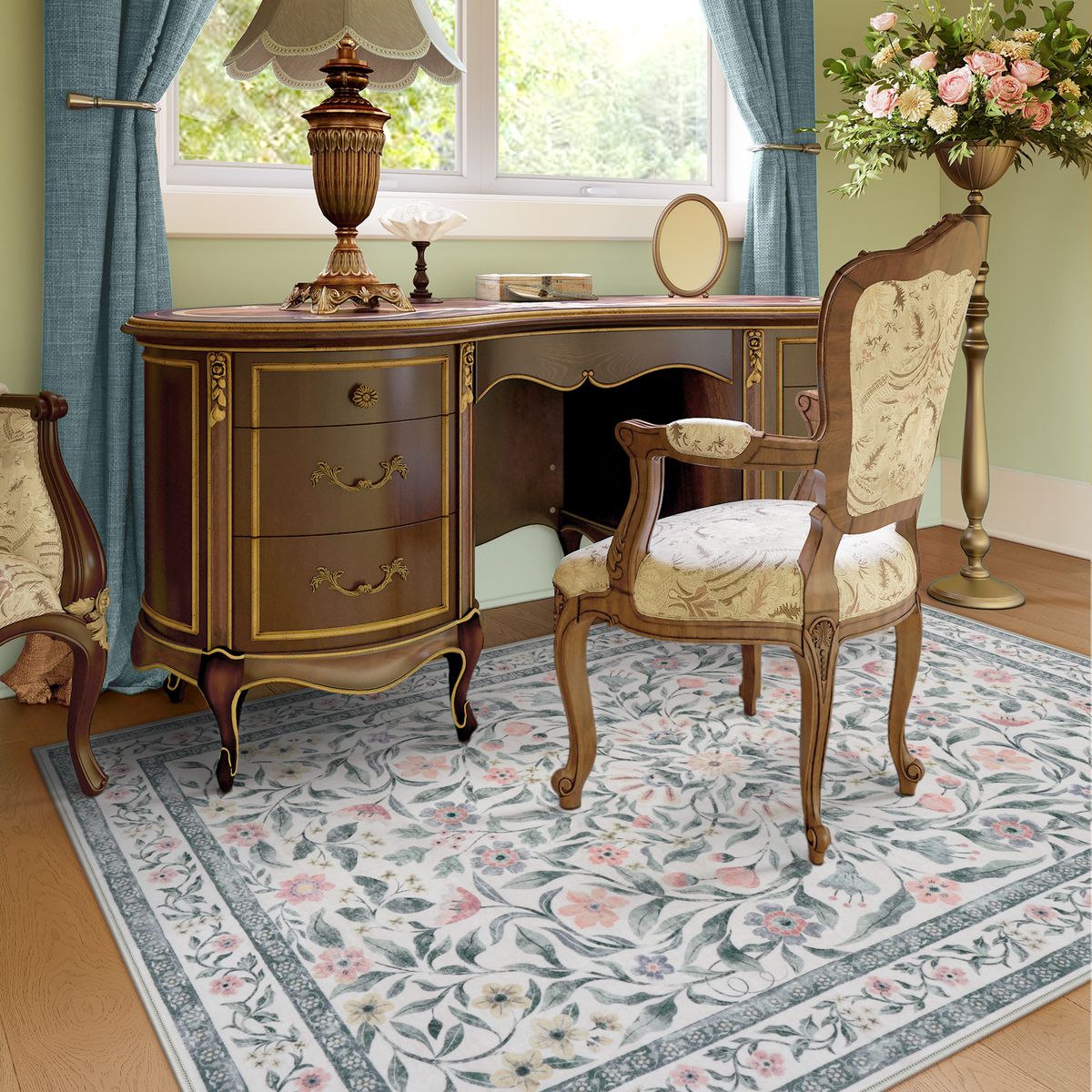Mavis Washable Modern Parisian Garden Floral Beige Rug Area Rugs Lahome 5' x 7'