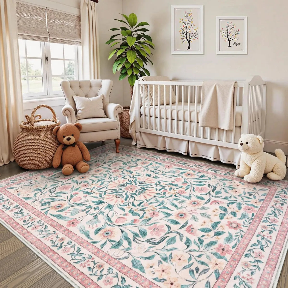 Mavis Washable Modern Parisian Garden Floral Pink Rug Area Rugs Lahome 5' x 7'