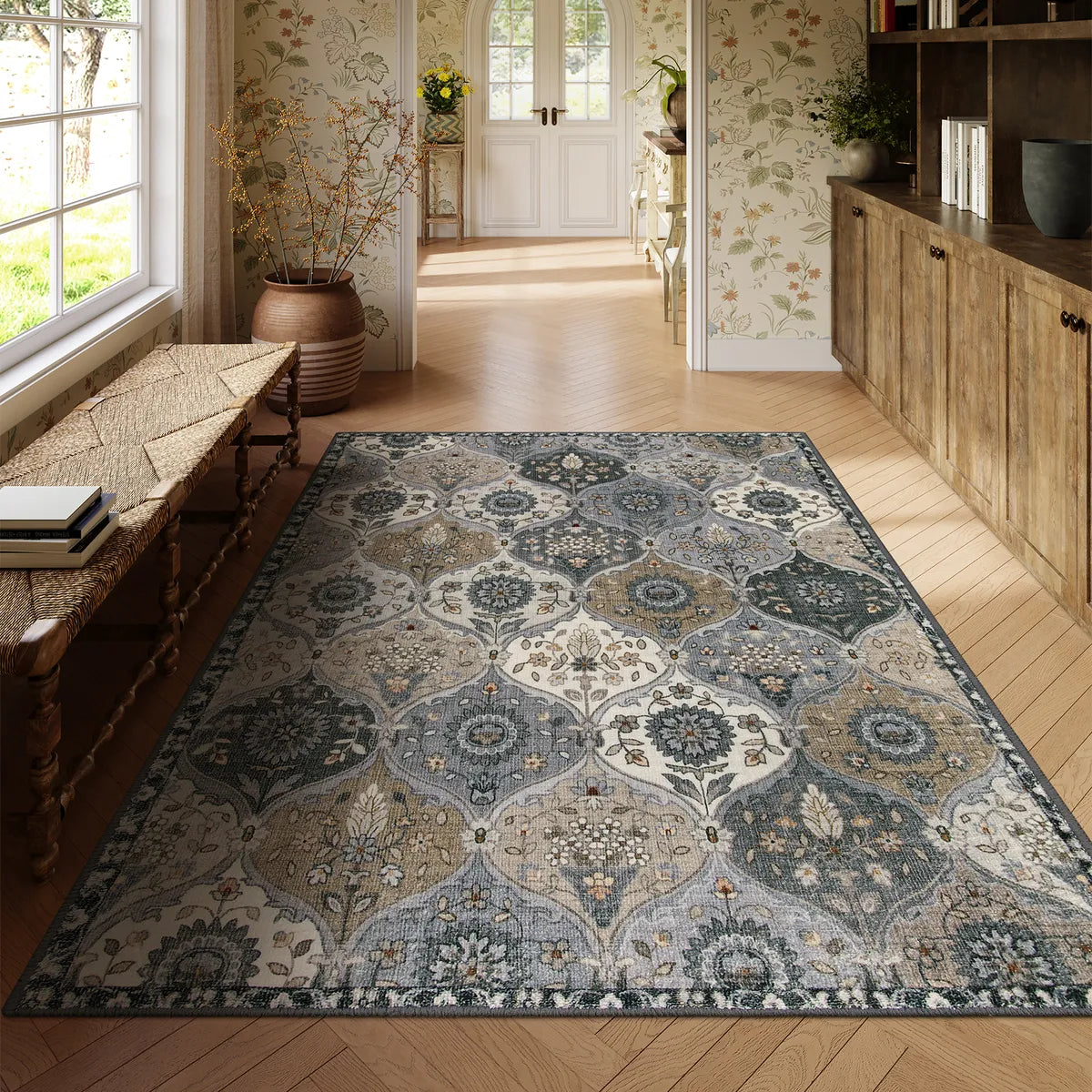 Elise Washable Ultra-thin Transitional Vintage Floral Moroccan Trellis Grey Rug Area Rugs Lahome