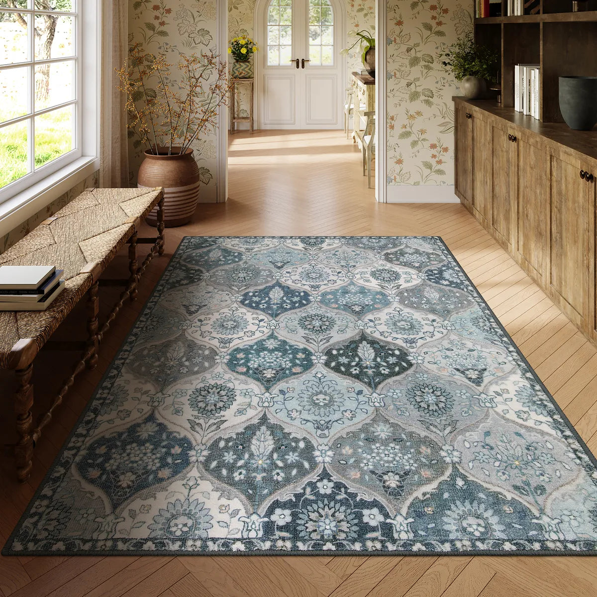 Elise Washable Ultra-thin Vintage Floral Moroccan Trellis Blue Rug Area Rugs Lahome