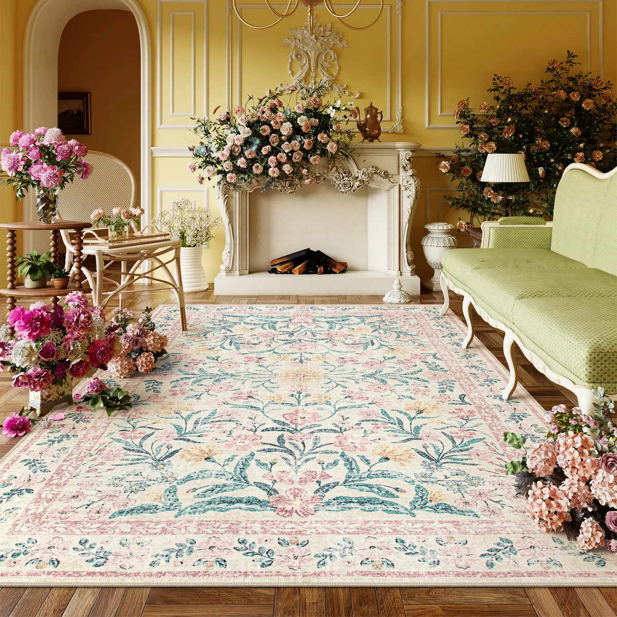 Sylvie Washable Boho Modern Parisian Garden Floral Pink Rug Area Rugs Lahome 5' x 7'