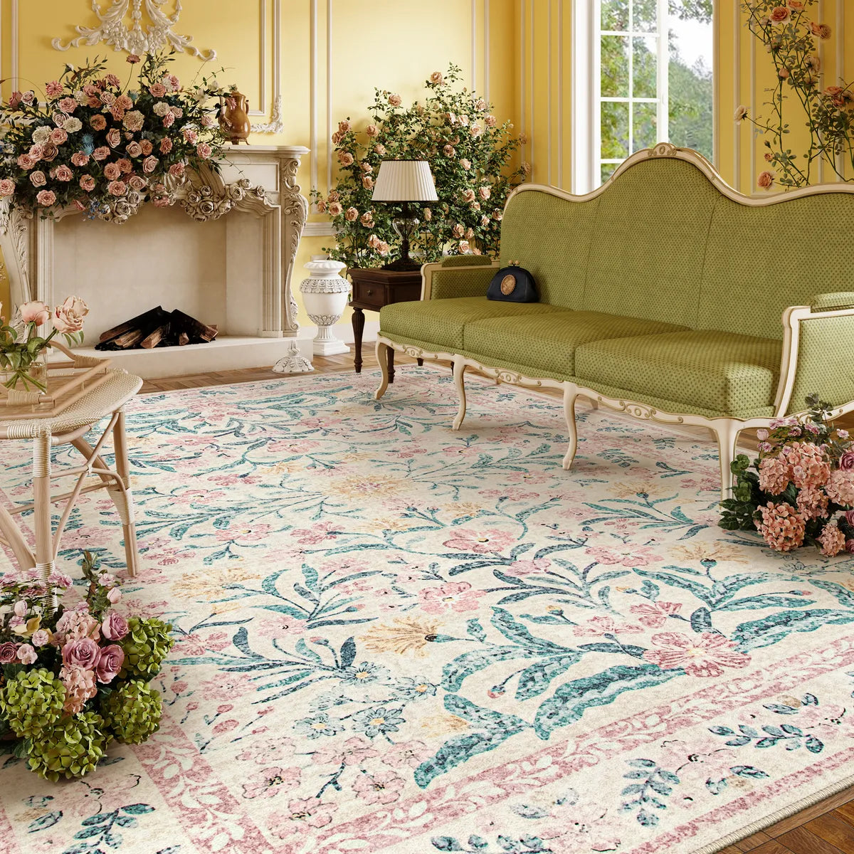 Sylvie Washable Boho Modern Parisian Garden Floral Pink Rug Area Rugs Lahome 8' x 10'
