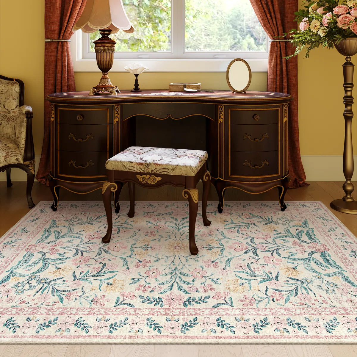 Sylvie Washable Boho Modern Parisian Garden Floral Pink Rug Area Rugs Lahome