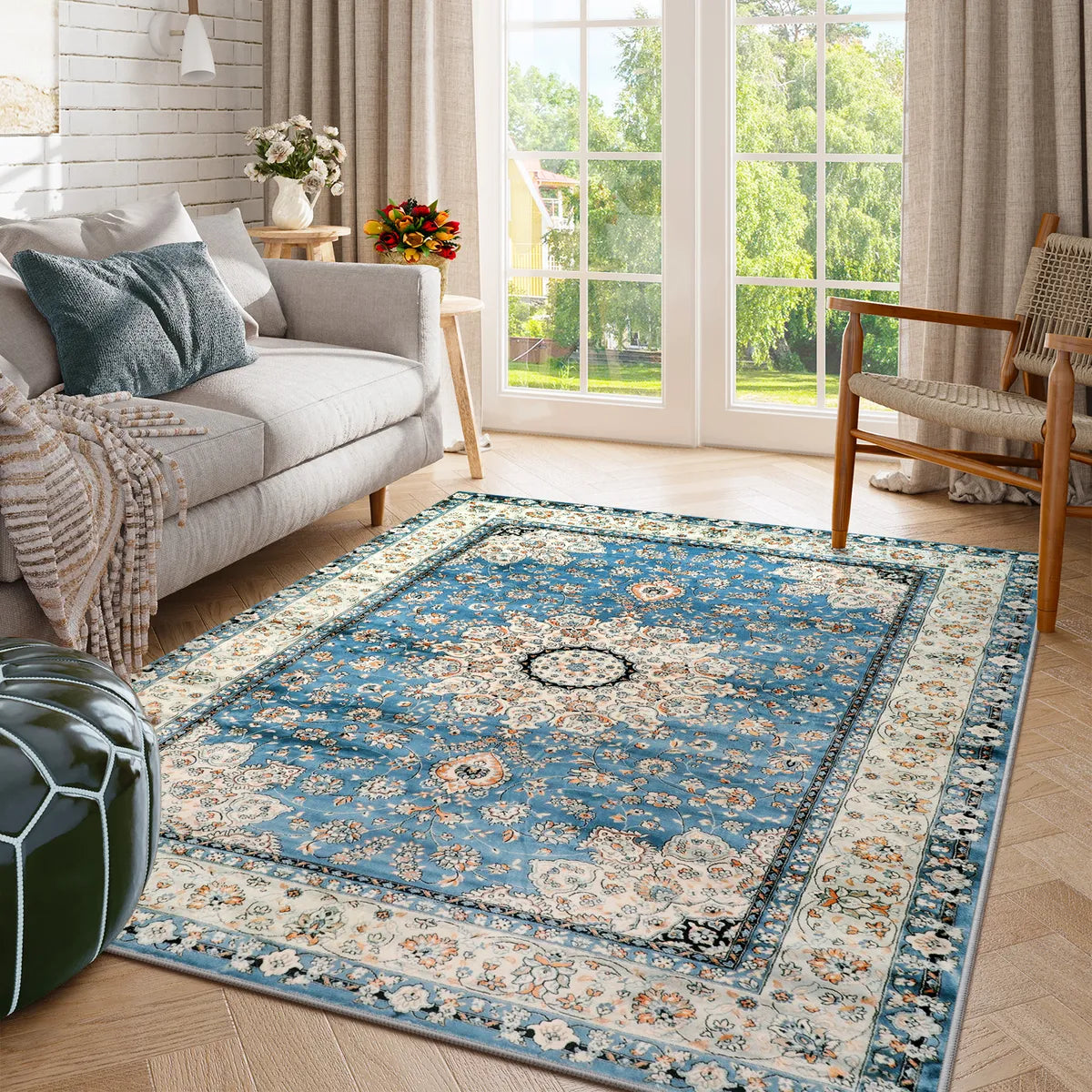 Alodie Washable Distressed Oriental Floral Medallion Blue Area Rug Clearance Rugs Lahome 5' x 7'