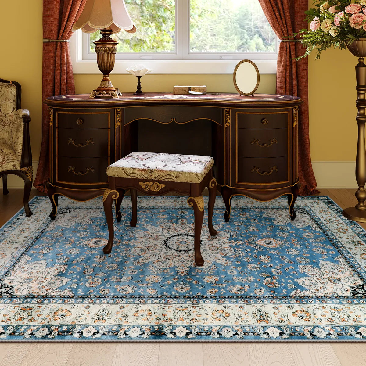 Alodie Washable Distressed Oriental Floral Medallion Blue Area Rug Clearance Rugs Lahome