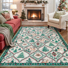 Glace Christmas Washable Tree and Reindeer Green/Beige Rug Area Rugs Lahome 5' x 7'
