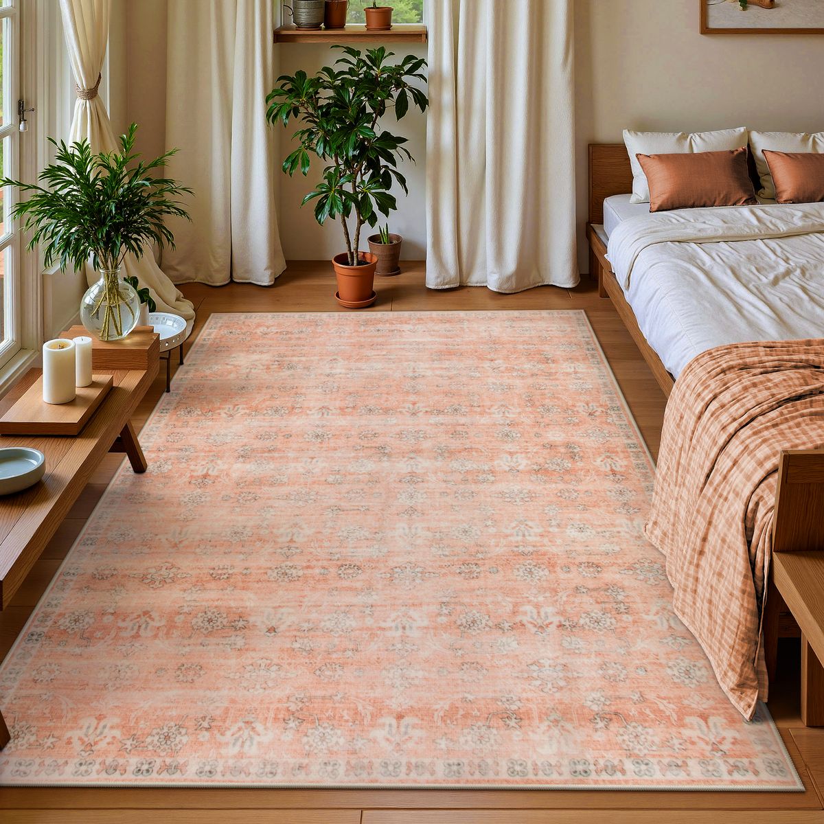 Audrey Washable Modern Neutral Floral Pink-Orange Rug Area Rugs Lahome 5' x 7'