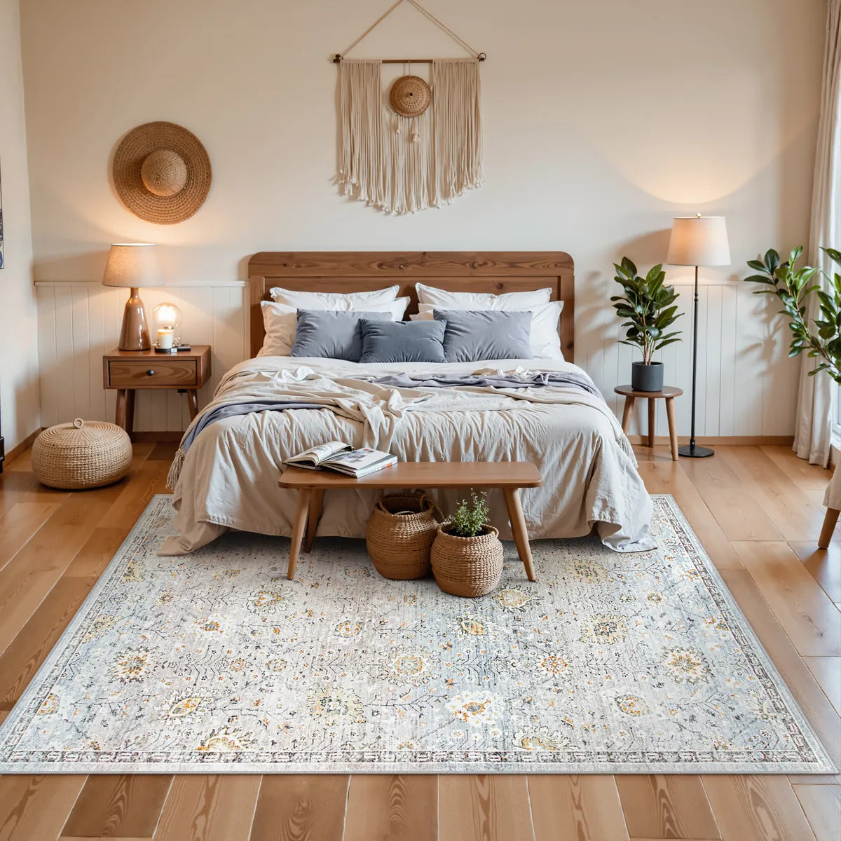 Flavie Washable Boho Modern Parisian Floral Aesthetic Blue/Grey Rug Area Rugs Lahome