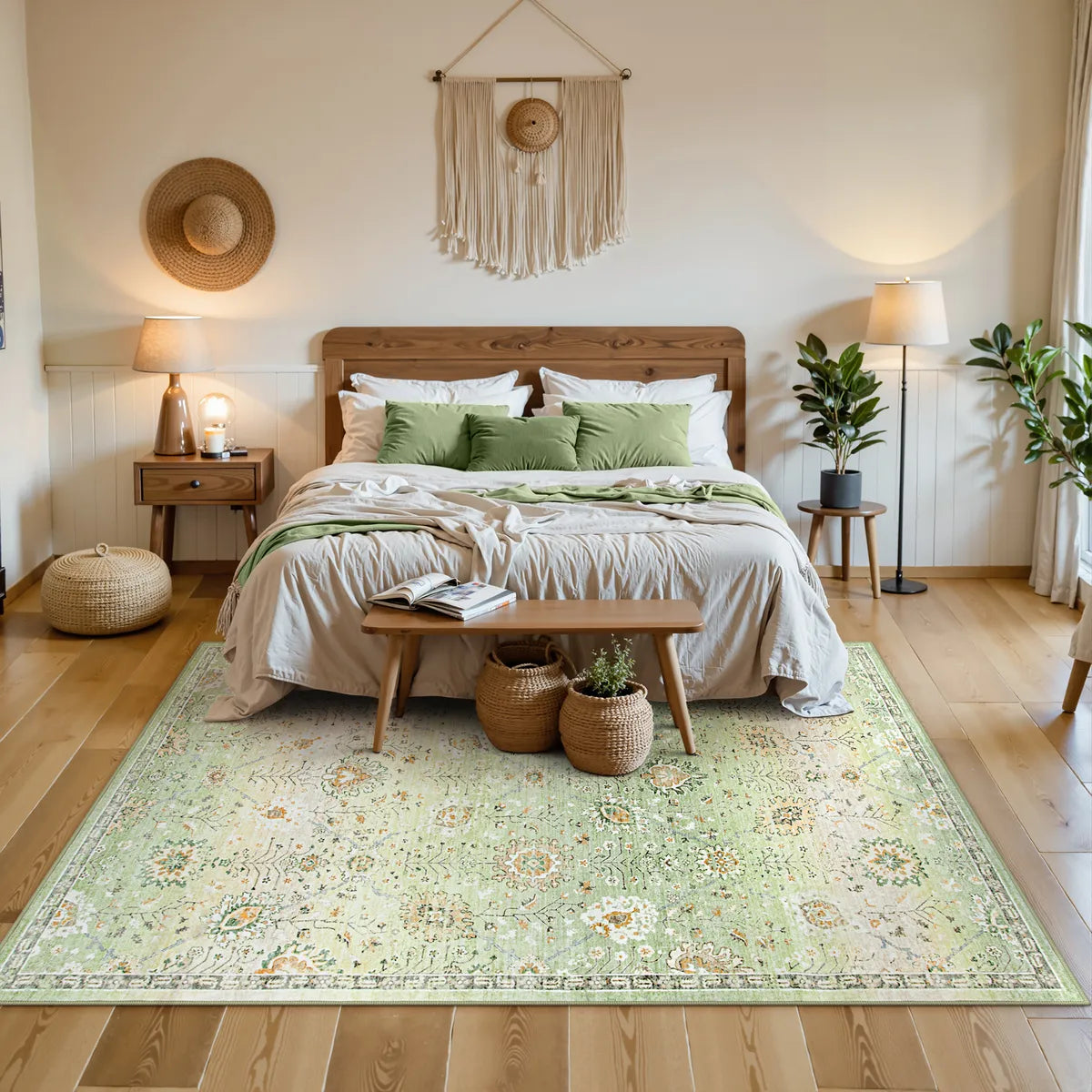 Flavie Washable Boho Modern Parisian Floral Aesthetic Green Rug Area Rugs Lahome 5' x 7'
