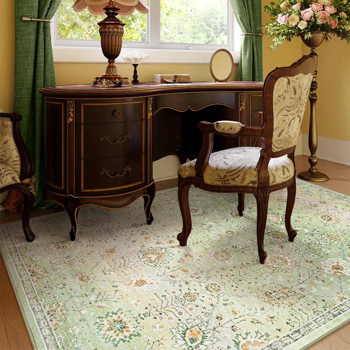 Flavie Washable Boho Modern Parisian Floral Aesthetic Green Rug Area Rugs Lahome