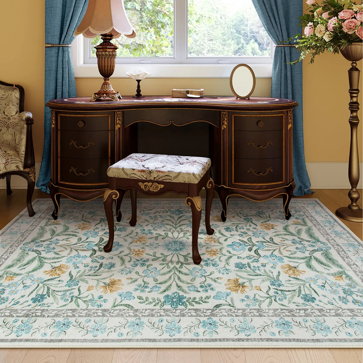 Sylvie Washable Boho Modern Parisian Garden Floral Blue Rug Area Rugs Lahome