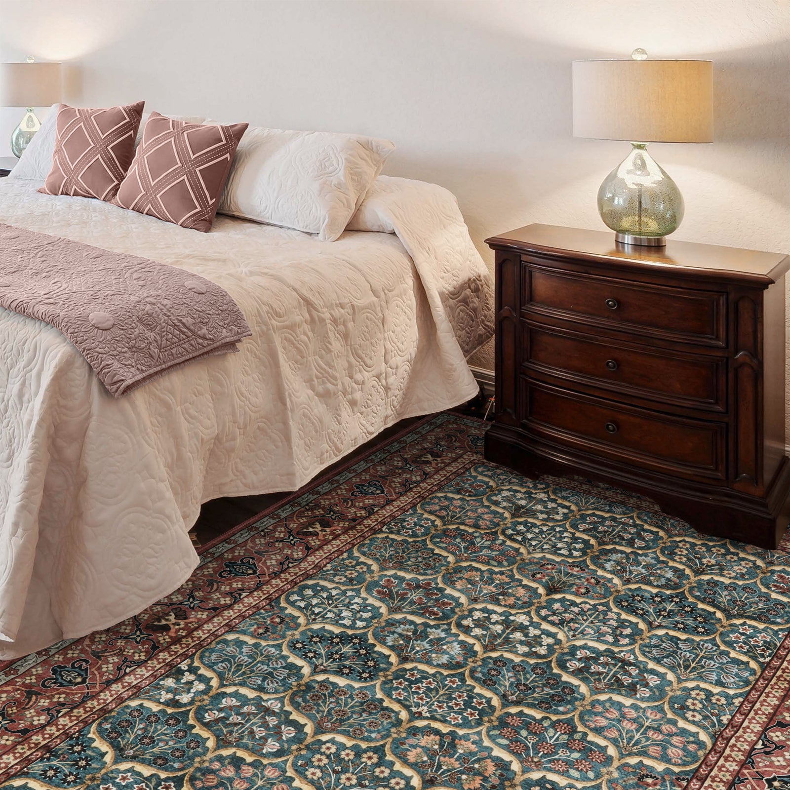 Clearance Elodie Washable Boho Vintage Trellis Floral Red Rug Clearance Rugs Lahome