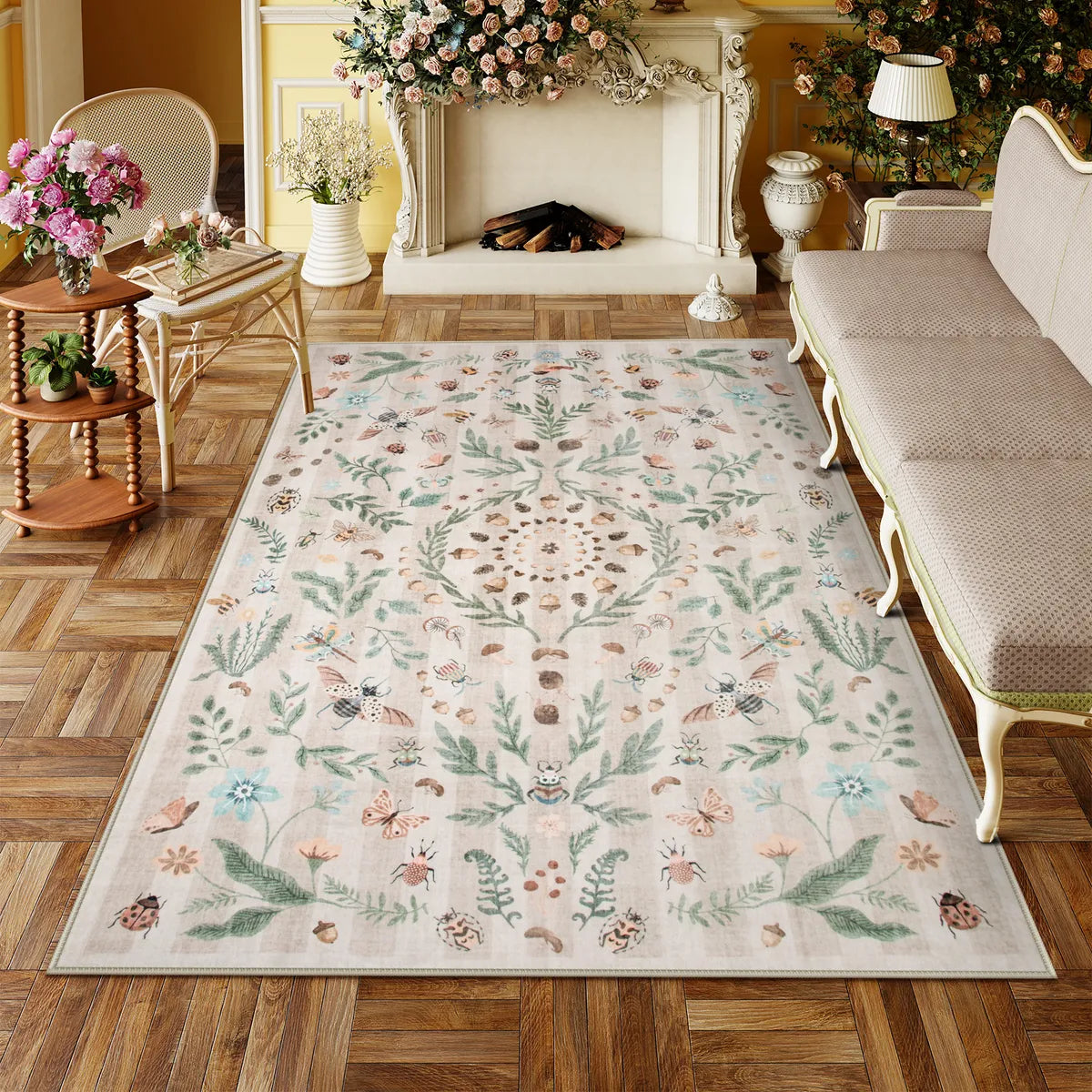 Clearance Chloe Washable Boho Insect Botanical Floral Beige Runner Rug Clearance Rugs Lahome