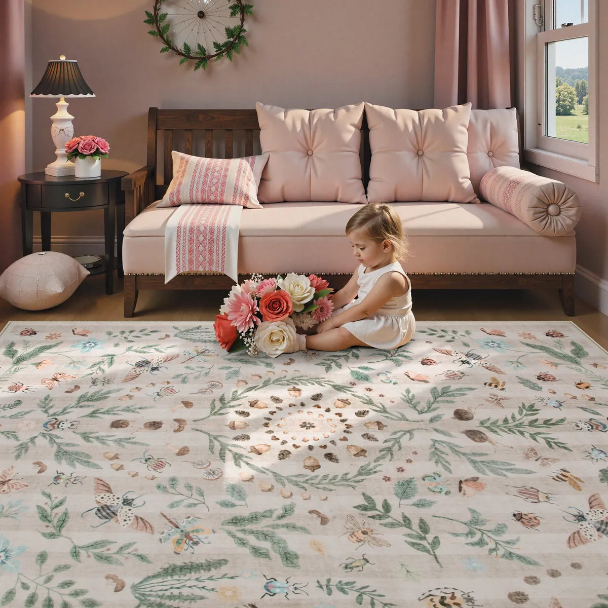 Clearance Chloe Washable Boho Insect Botanical Floral Beige Runner Rug Clearance Rugs Lahome