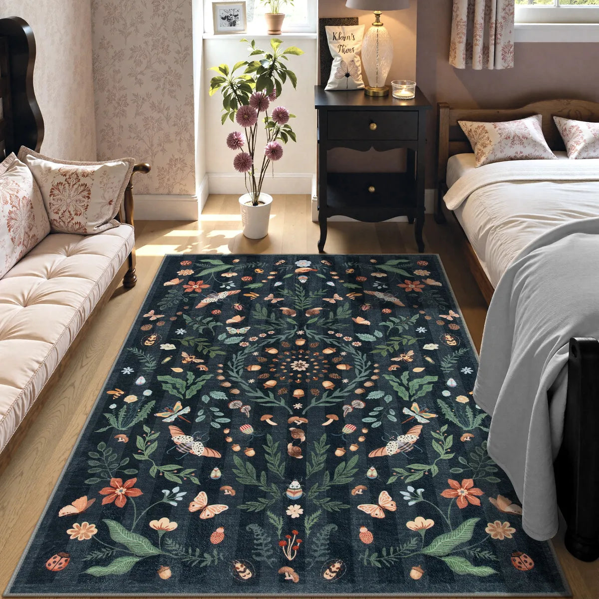 Chloe Washable Boho Insect Botanical Floral Black Runner Rug Area Rugs Lahome 5' x 7'