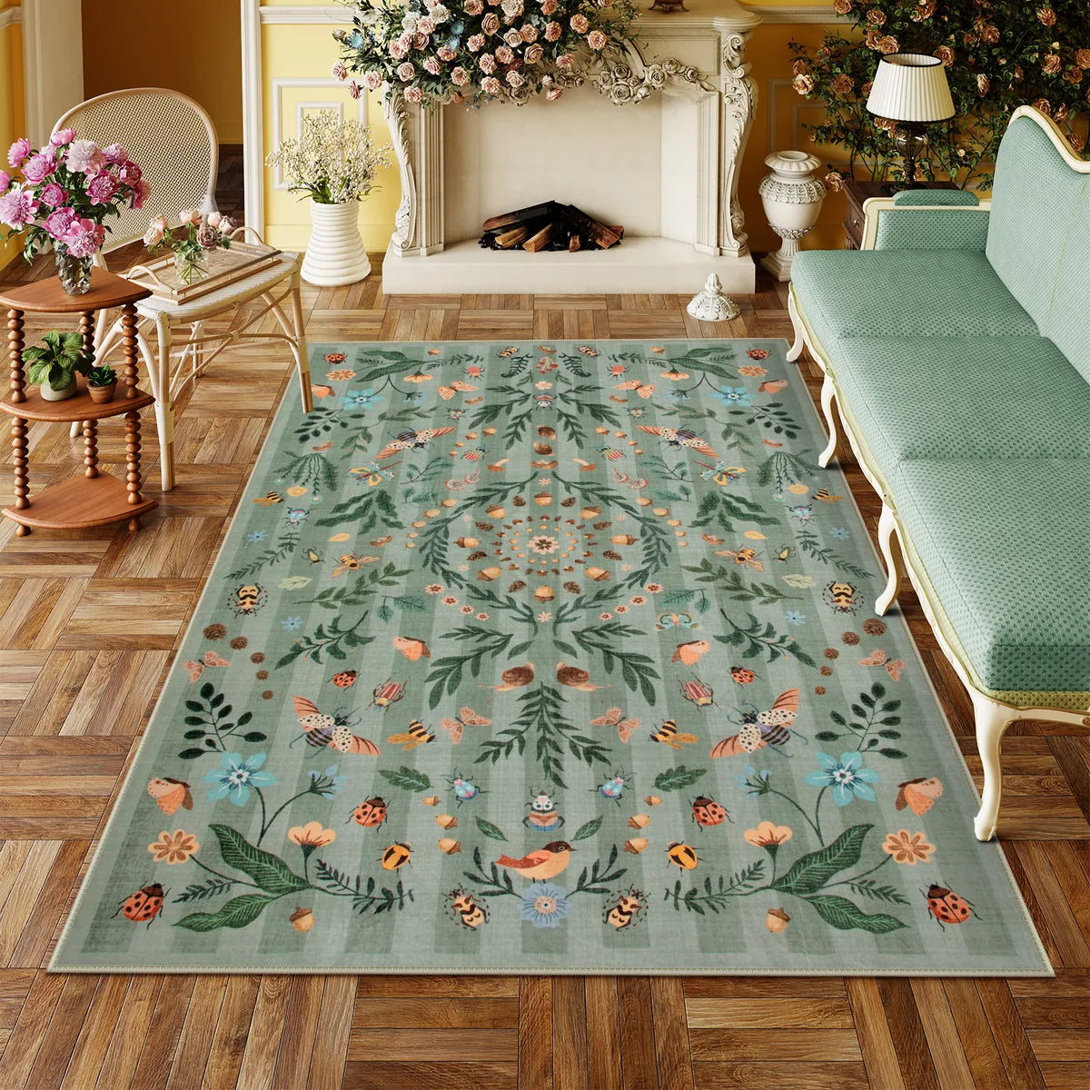 Chloe Washable Boho Insect Botanical Floral Green Runner Rug Area Rugs Lahome 5' x 7'