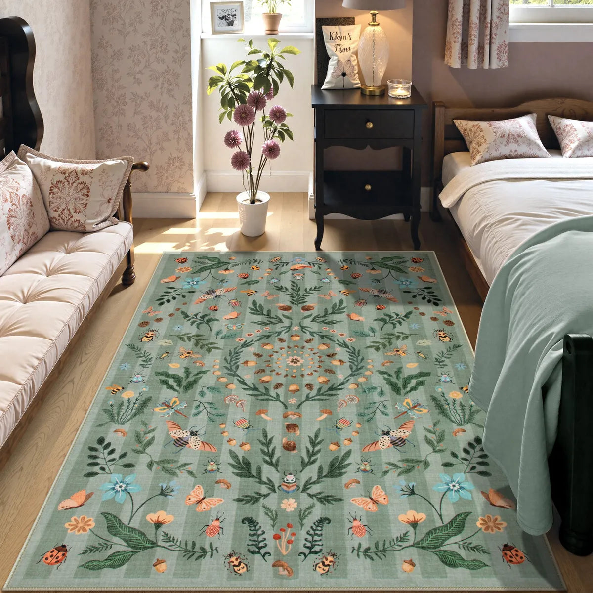 Chloe Washable Boho Insect Botanical Floral Green Runner Rug Area Rugs Lahome