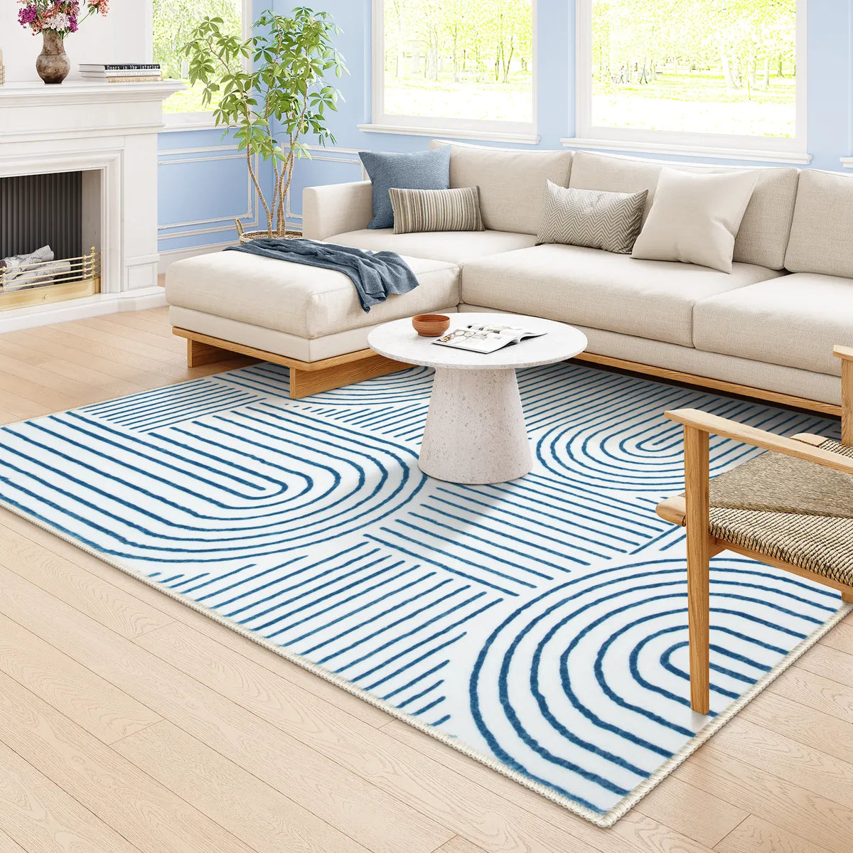 Darrell Washable Abstract Rainbow Stripe Blue/White Rug Clearance Rugs Lahome 5' x 7'