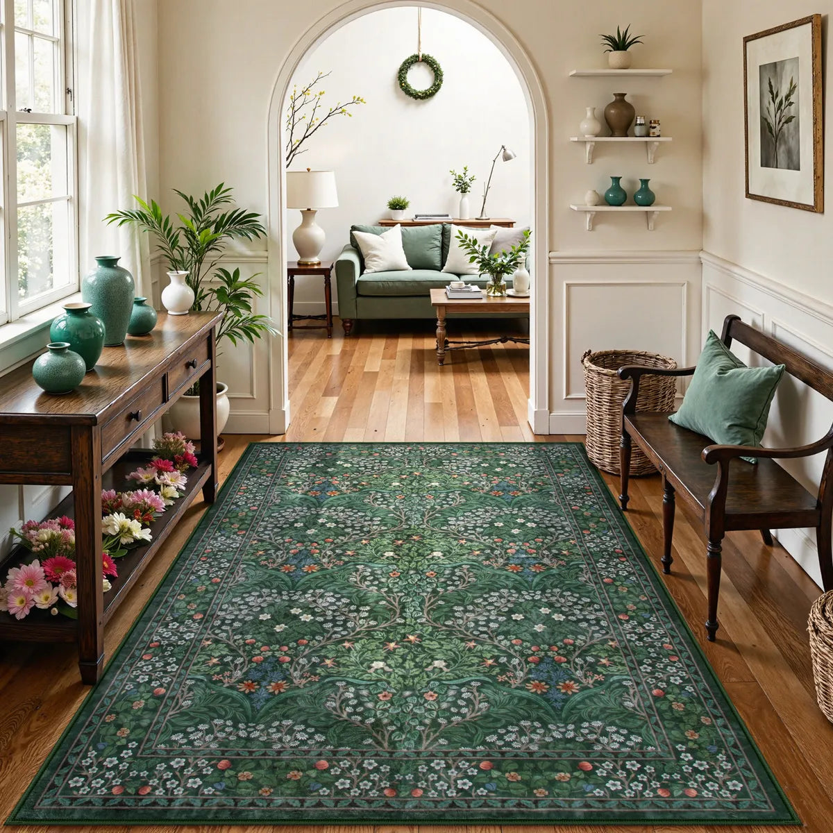 Giverny Washable Maximalism Vintage French Floral Dark Green Rug Rugs Lahome