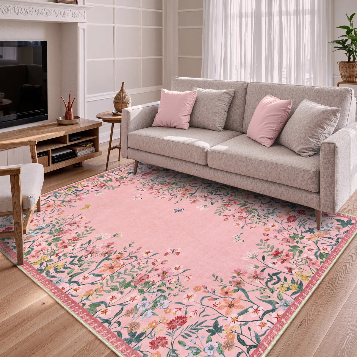 Clearance Solene Washable Modern Blooming Floral Garden Pink Rug Clearance Rugs Lahome
