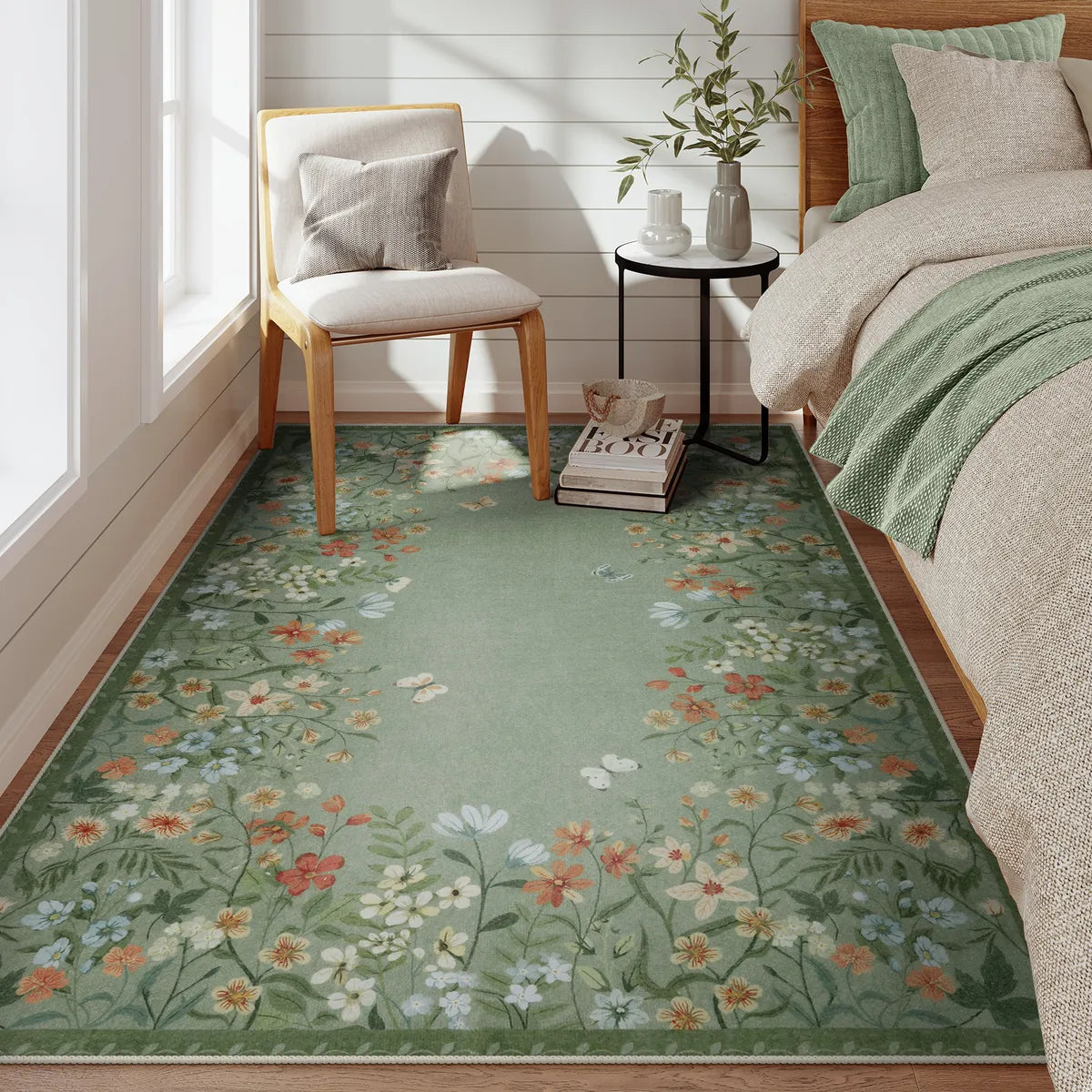 Solene Washable Modern Blooming Floral Garden Green Rug Area Rugs Lahome