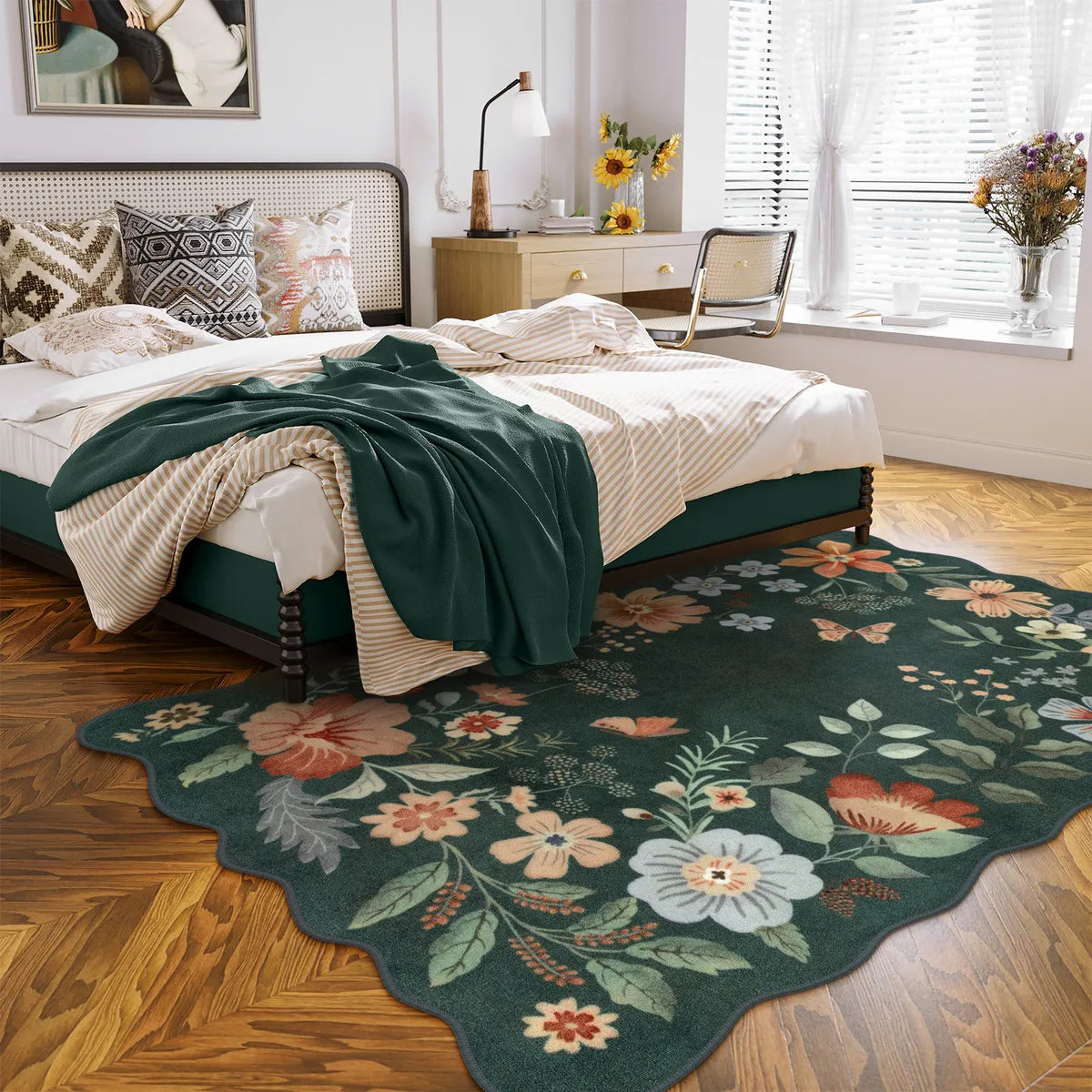 Flore Washable Boho Whimsical Floral Dark Green 3 Piece Rug Set Rug Set Lahome
