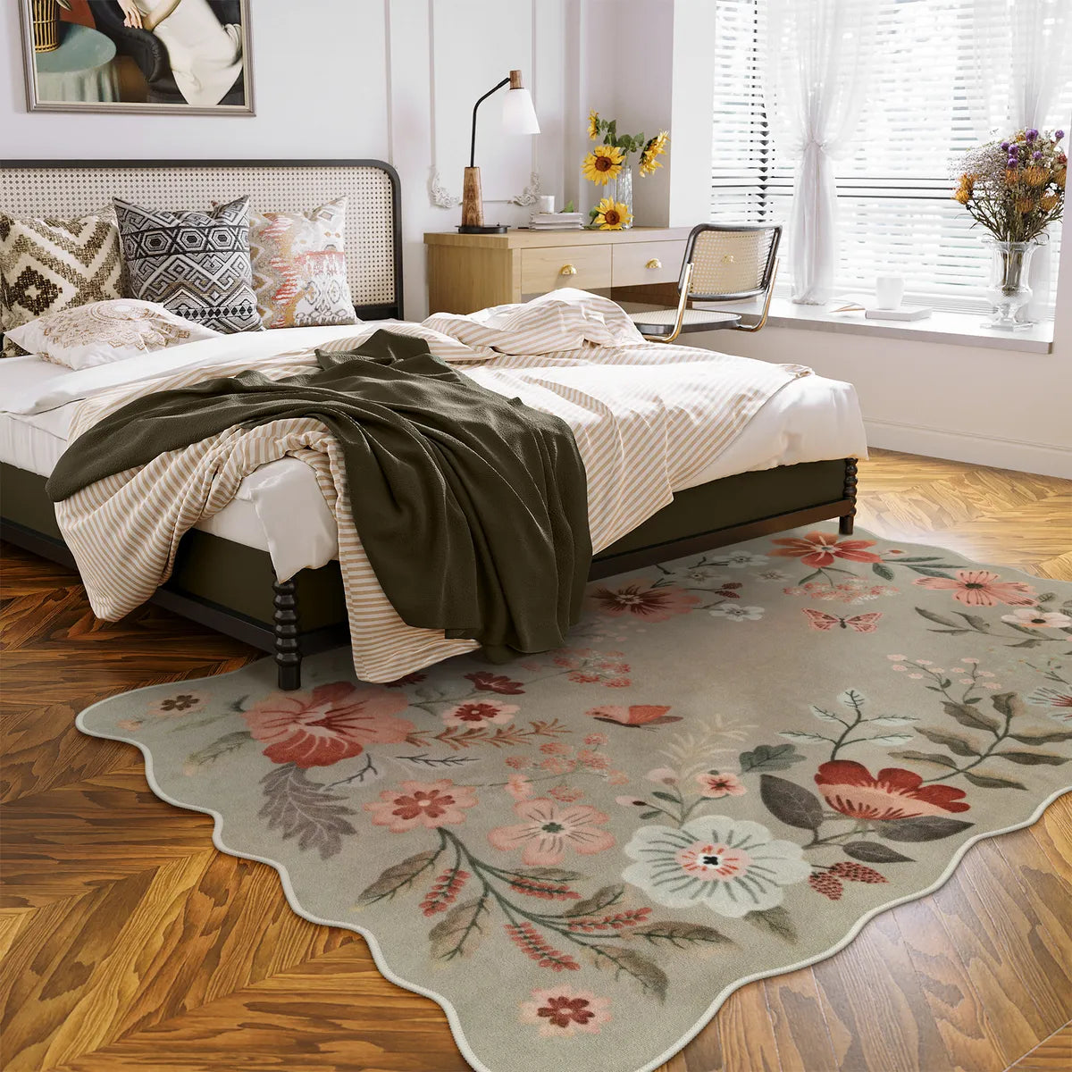 Flore Washable Boho Modern Parisian Floral Scalloped Brown Rug Area Rugs Lahome