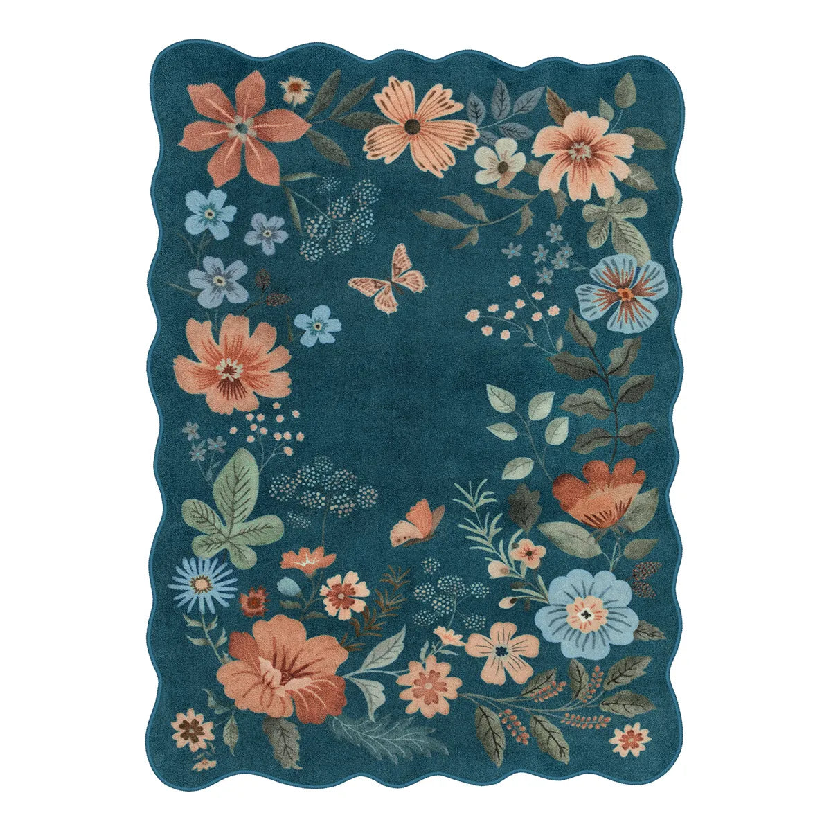 Flore Washable Boho Modern Parisian Floral Scalloped Navy Blue Rug Area Rugs Lahome