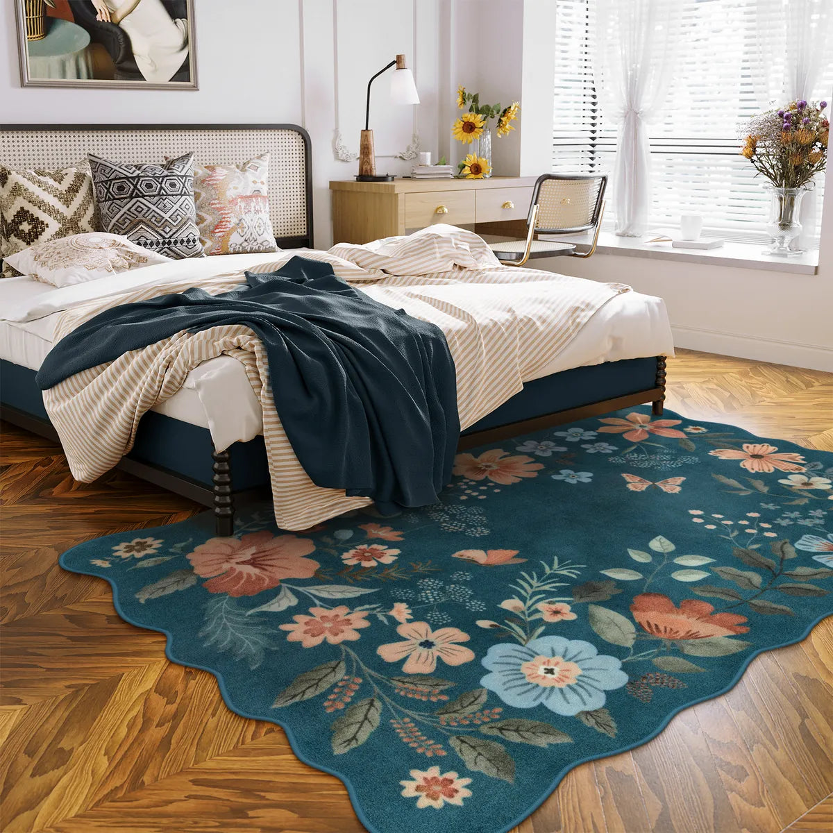 Flore Washable Boho Modern Parisian Floral Scalloped Navy Blue Rug Area Rugs Lahome 5' x 7'